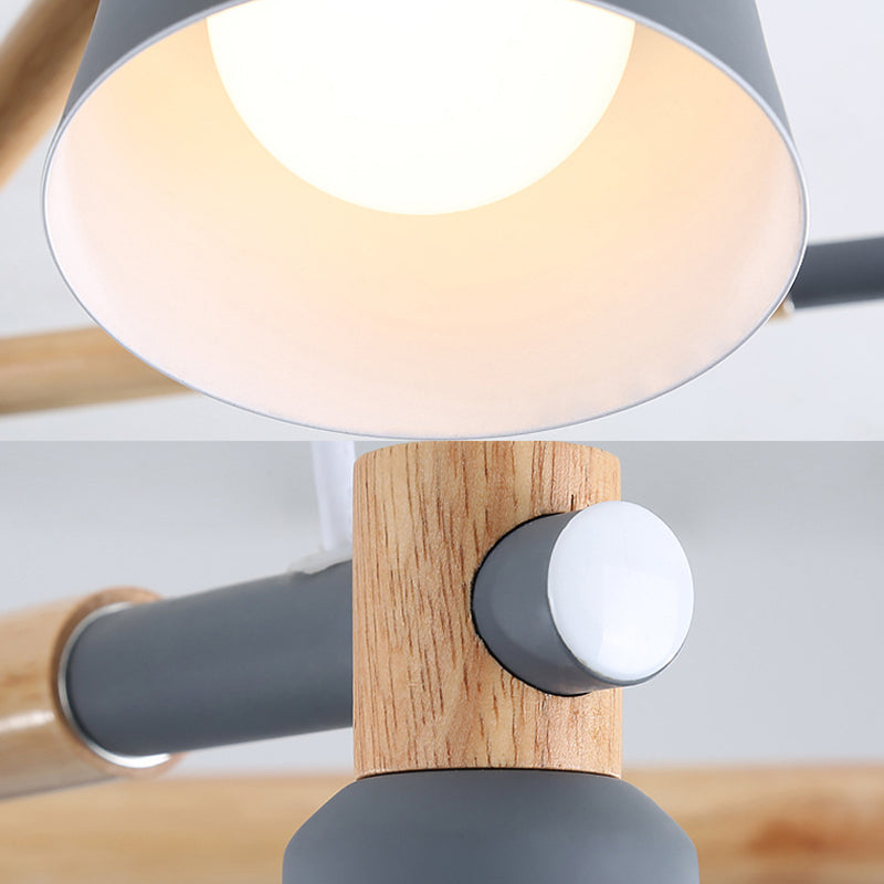 Macaroon Tapered Shade Hanging Ceiling Lamp Metal and Wood 3 Lights Hanging Pendant Fixture for Living Room Clearhalo 'Ceiling Lights' 'Chandeliers' Lighting' options 191199