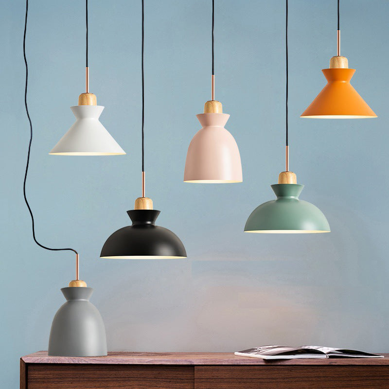 Macaron 1-Light Pendant Lamp Pink/White/Black Cone/Bowl/Bell Hanging Ceiling Light with Iron Shade and Wood Cork Clearhalo 'Ceiling Lights' 'Pendant Lights' 'Pendants' Lighting' 1912002