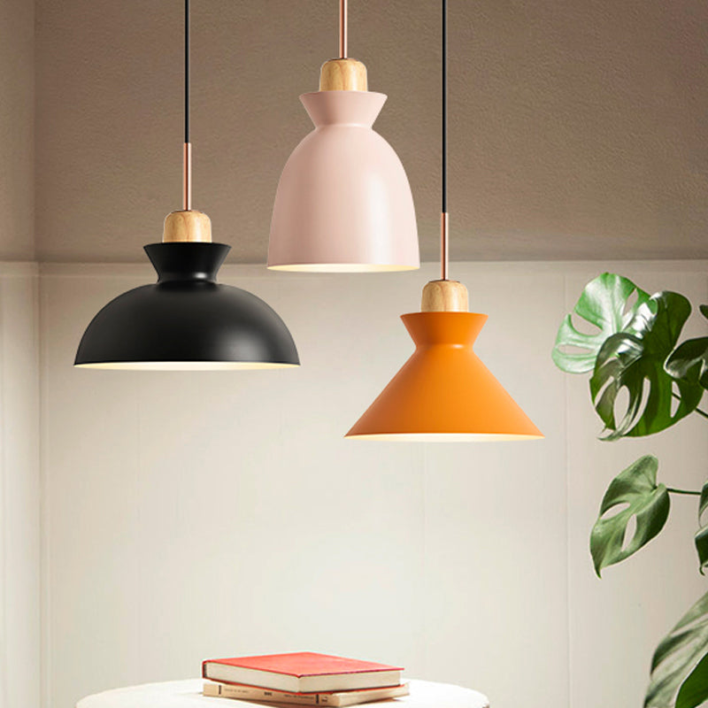 Macaron 1-Light Pendant Lamp Pink/White/Black Cone/Bowl/Bell Hanging Ceiling Light with Iron Shade and Wood Cork Clearhalo 'Ceiling Lights' 'Pendant Lights' 'Pendants' Lighting' 1912003