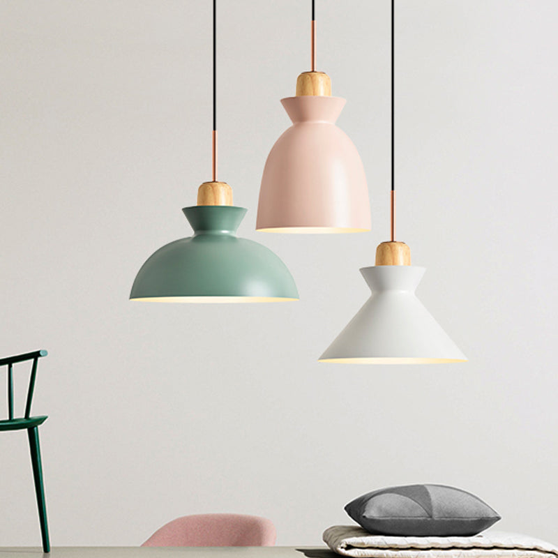 Macaron 1-Light Pendant Lamp Pink/White/Black Cone/Bowl/Bell Hanging Ceiling Light with Iron Shade and Wood Cork Clearhalo 'Ceiling Lights' 'Pendant Lights' 'Pendants' Lighting' 1912007