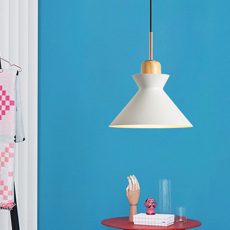 Macaron 1-Light Pendant Lamp Pink/White/Black Cone/Bowl/Bell Hanging Ceiling Light with Iron Shade and Wood Cork Clearhalo 'Ceiling Lights' 'Pendant Lights' 'Pendants' Lighting' 1912008