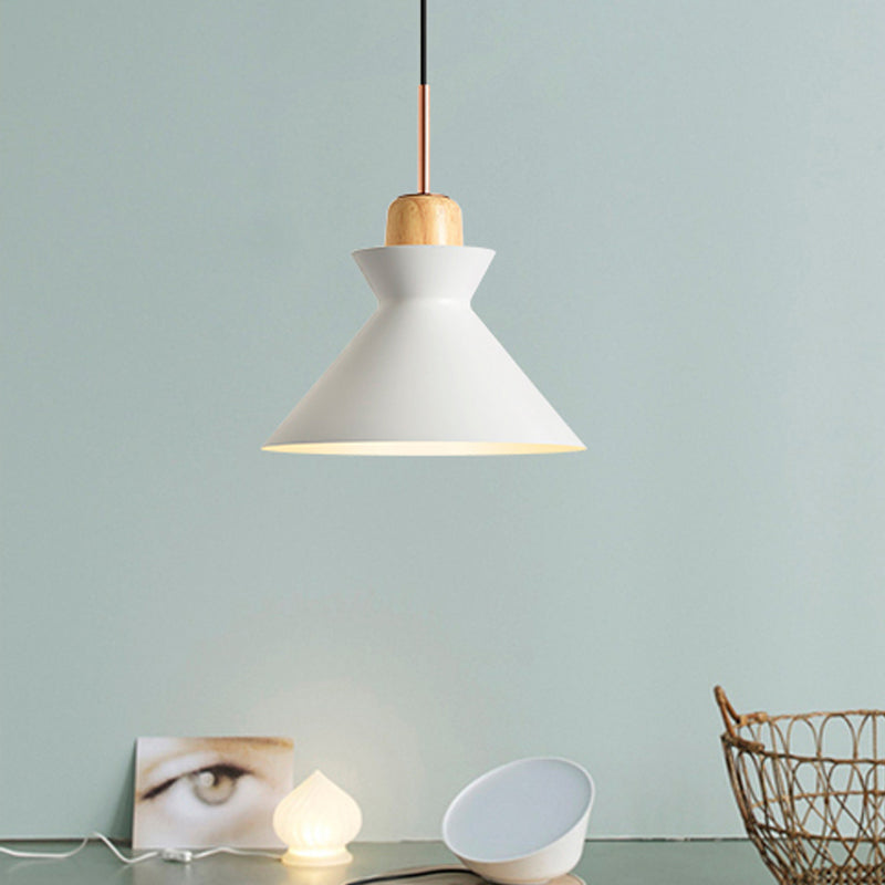 Macaron 1-Light Pendant Lamp Pink/White/Black Cone/Bowl/Bell Hanging Ceiling Light with Iron Shade and Wood Cork Clearhalo 'Ceiling Lights' 'Pendant Lights' 'Pendants' Lighting' 1912009