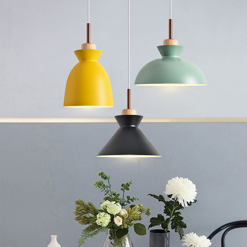 Macaron 1-Light Pendant Lamp Pink/White/Black Cone/Bowl/Bell Hanging Ceiling Light with Iron Shade and Wood Cork Clearhalo 'Ceiling Lights' 'Pendant Lights' 'Pendants' Lighting' 1912011