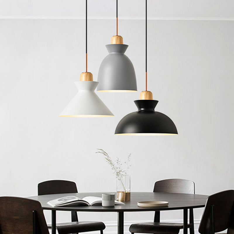 Macaron 1-Light Pendant Lamp Pink/White/Black Cone/Bowl/Bell Hanging Ceiling Light with Iron Shade and Wood Cork Clearhalo 'Ceiling Lights' 'Pendant Lights' 'Pendants' Lighting' 1912015