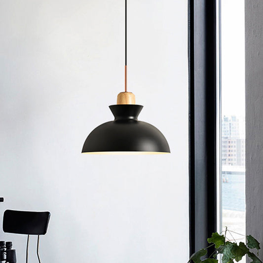 Macaron 1-Light Pendant Lamp Pink/White/Black Cone/Bowl/Bell Hanging Ceiling Light with Iron Shade and Wood Cork Clearhalo 'Ceiling Lights' 'Pendant Lights' 'Pendants' Lighting' 1912016