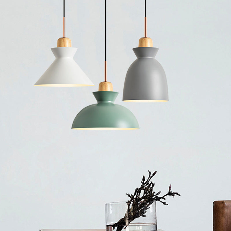 Macaron 1-Light Pendant Lamp Pink/White/Black Cone/Bowl/Bell Hanging Ceiling Light with Iron Shade and Wood Cork Clearhalo 'Ceiling Lights' 'Pendant Lights' 'Pendants' Lighting' 1912018