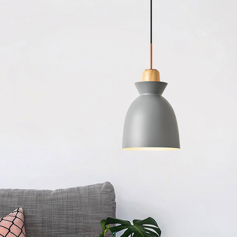 Macaron 1-Light Pendant Lamp Pink/White/Black Cone/Bowl/Bell Hanging Ceiling Light with Iron Shade and Wood Cork Clearhalo 'Ceiling Lights' 'Pendant Lights' 'Pendants' Lighting' 1912019