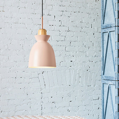 Macaron 1-Light Pendant Lamp Pink/White/Black Cone/Bowl/Bell Hanging Ceiling Light with Iron Shade and Wood Cork Pink Clearhalo 'Ceiling Lights' 'Pendant Lights' 'Pendants' Lighting' 1912022_6ca5acb8-5a0a-4fbf-af6c-8763544832a5