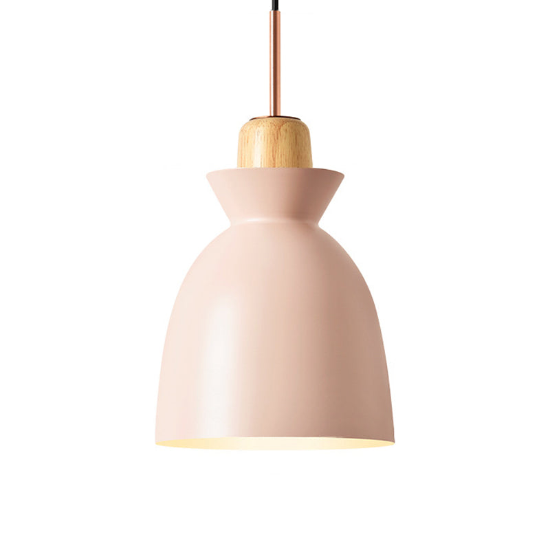 Macaron 1-Light Pendant Lamp Pink/White/Black Cone/Bowl/Bell Hanging Ceiling Light with Iron Shade and Wood Cork Clearhalo 'Ceiling Lights' 'Pendant Lights' 'Pendants' Lighting' 1912023