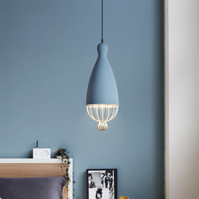 Inverted Balloon Aluminum Pendant Light Macaron 1 Head Grey/Pink/Blue Suspension Lighting with Wire Cage Blue Clearhalo 'Ceiling Lights' 'Pendant Lights' 'Pendants' Lighting' 1912098_5b1053f8-e136-44c3-a835-5b48db803253