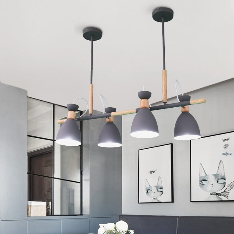 Grey/White/Green Bell Island Lamp Nordic 4-Light Iron Rotatable Hanging Pendant Light with Wood Decor Clearhalo 'Ceiling Lights' 'Island Lights' Lighting' 1912185