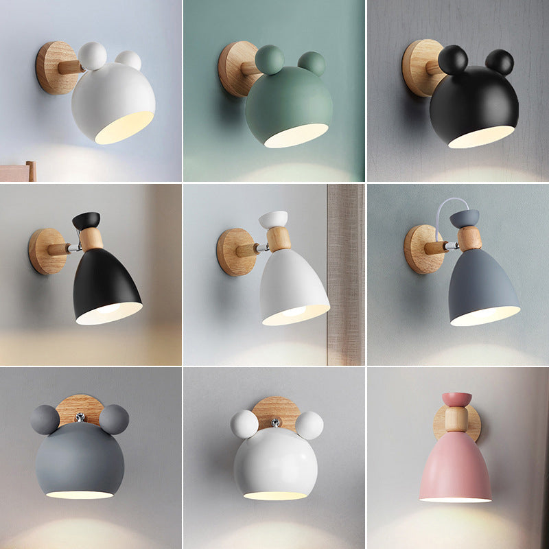 Bear/Bell Rotating Wall Mounted Lamp Macaron Iron 1-Head Bedside Reading Wall Light in White/Pink/Green and Wood Clearhalo 'Wall Lamps & Sconces' 'Wall Lights' Lighting' 1912215