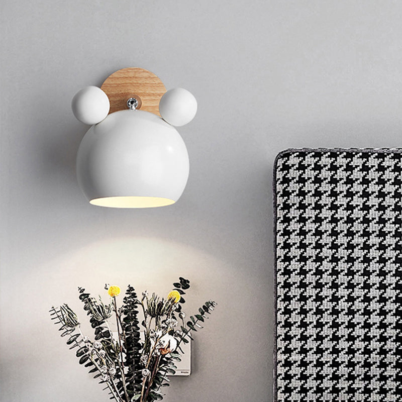 Bear/Bell Rotating Wall Mounted Lamp Macaron Iron 1-Head Bedside Reading Wall Light in White/Pink/Green and Wood White A Clearhalo 'Wall Lamps & Sconces' 'Wall Lights' Lighting' 1912216