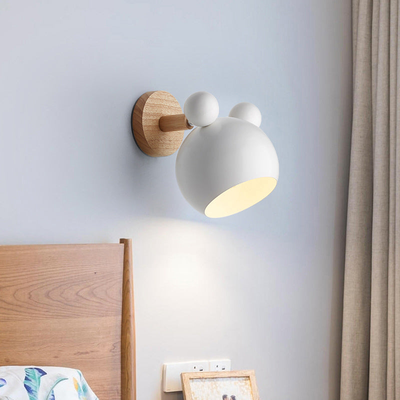 Bear/Bell Rotating Wall Mounted Lamp Macaron Iron 1-Head Bedside Reading Wall Light in White/Pink/Green and Wood Clearhalo 'Wall Lamps & Sconces' 'Wall Lights' Lighting' 1912217