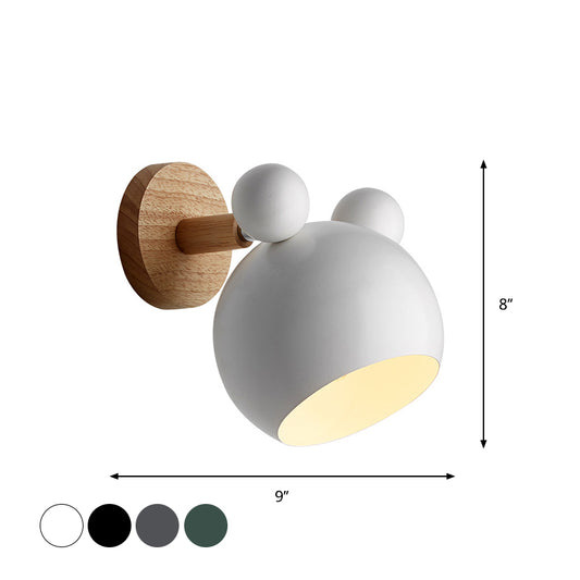 Bear/Bell Rotating Wall Mounted Lamp Macaron Iron 1-Head Bedside Reading Wall Light in White/Pink/Green and Wood Clearhalo 'Wall Lamps & Sconces' 'Wall Lights' Lighting' 1912219