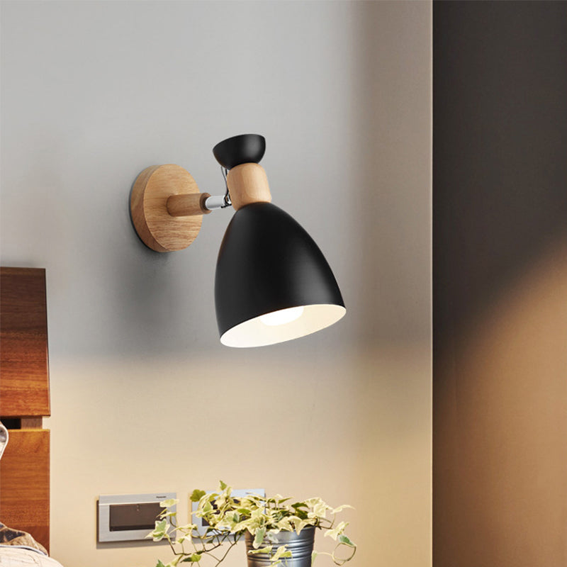 Bear/Bell Rotating Wall Mounted Lamp Macaron Iron 1-Head Bedside Reading Wall Light in White/Pink/Green and Wood Black B Clearhalo 'Wall Lamps & Sconces' 'Wall Lights' Lighting' 1912220