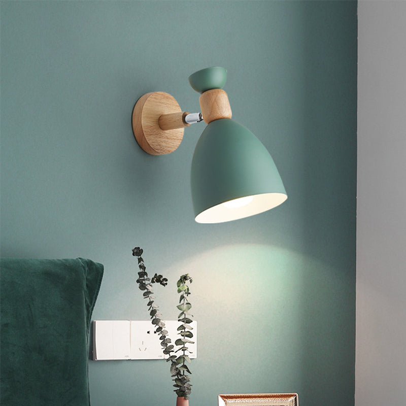 Bear/Bell Rotating Wall Mounted Lamp Macaron Iron 1-Head Bedside Reading Wall Light in White/Pink/Green and Wood Green B Clearhalo 'Wall Lamps & Sconces' 'Wall Lights' Lighting' 1912223