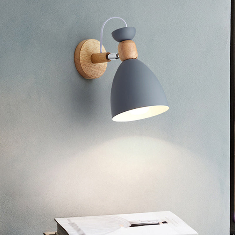 Bear/Bell Rotating Wall Mounted Lamp Macaron Iron 1-Head Bedside Reading Wall Light in White/Pink/Green and Wood Grey B Clearhalo 'Wall Lamps & Sconces' 'Wall Lights' Lighting' 1912225