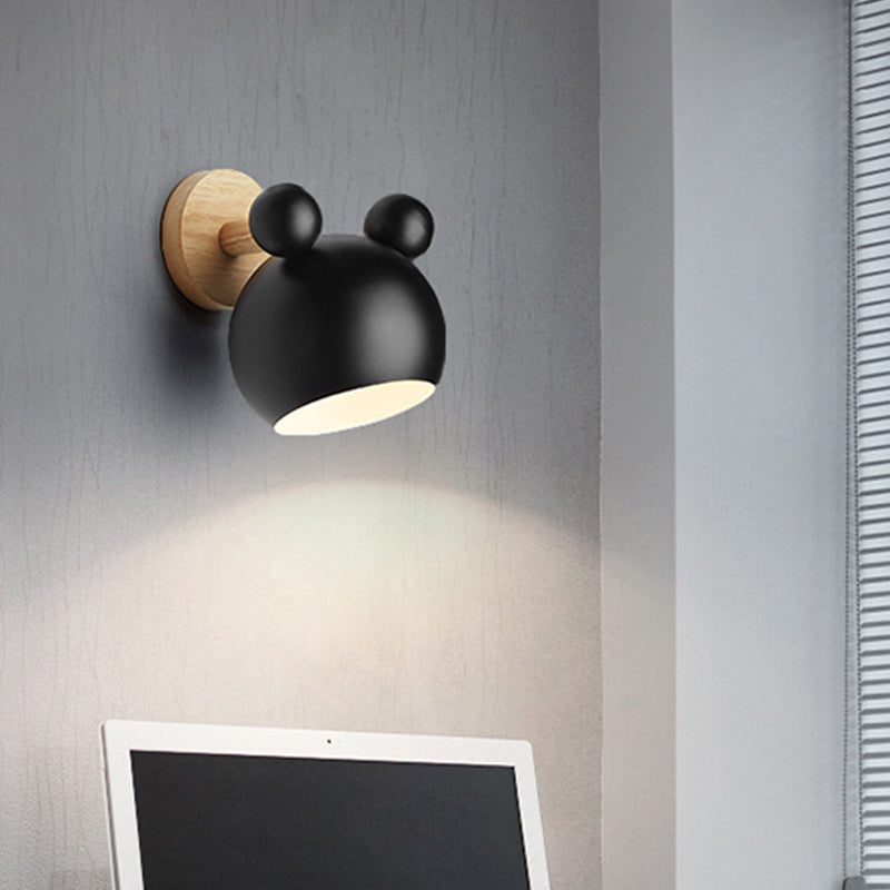 Bear/Bell Rotating Wall Mounted Lamp Macaron Iron 1-Head Bedside Reading Wall Light in White/Pink/Green and Wood Black A Clearhalo 'Wall Lamps & Sconces' 'Wall Lights' Lighting' 1912229