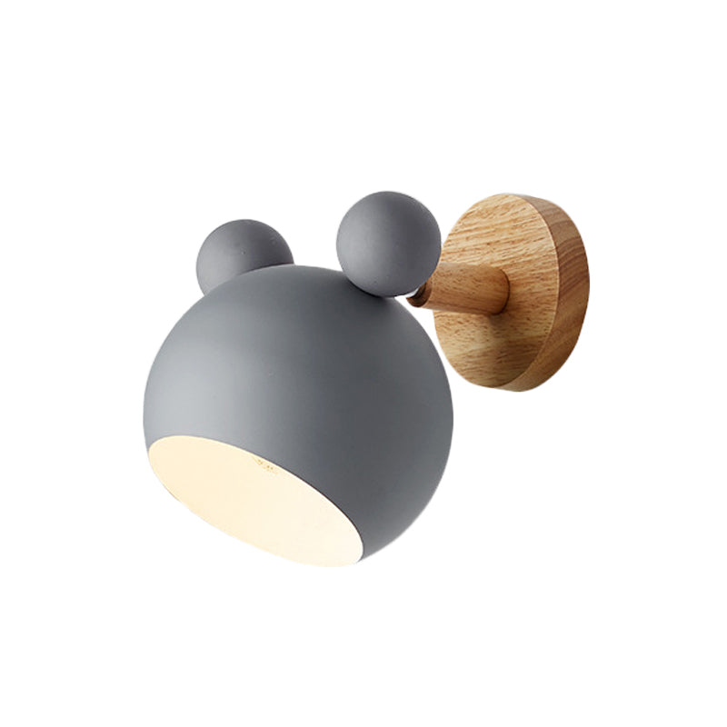 Bear/Bell Rotating Wall Mounted Lamp Macaron Iron 1-Head Bedside Reading Wall Light in White/Pink/Green and Wood Clearhalo 'Wall Lamps & Sconces' 'Wall Lights' Lighting' 1912232