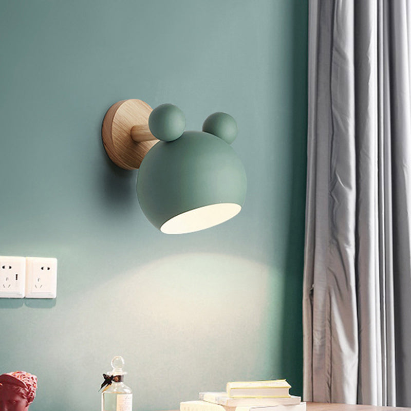 Bear/Bell Rotating Wall Mounted Lamp Macaron Iron 1-Head Bedside Reading Wall Light in White/Pink/Green and Wood Green A Clearhalo 'Wall Lamps & Sconces' 'Wall Lights' Lighting' 1912233
