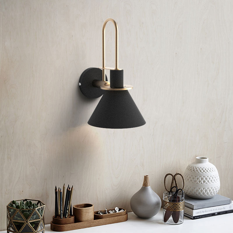 Black/White/Green Cone Wall Lamp Macaron 1-Light Metal Wall Mounted Light with Arched Arm for Bedroom, Warm/White Light Clearhalo 'Wall Lamps & Sconces' 'Wall Lights' Lighting' 1912267