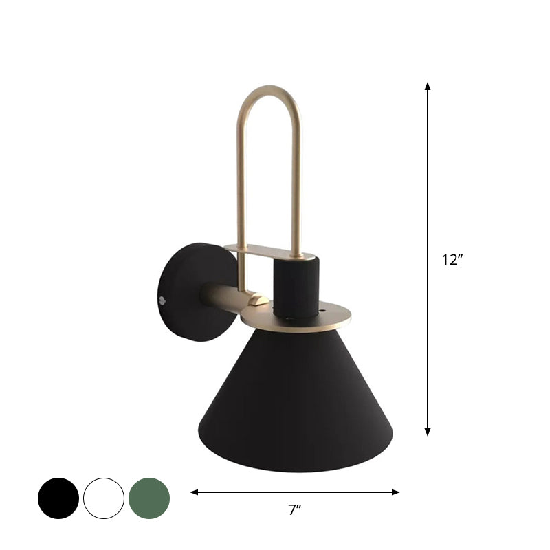 Black/White/Green Cone Wall Lamp Macaron 1-Light Metal Wall Mounted Light with Arched Arm for Bedroom, Warm/White Light Clearhalo 'Wall Lamps & Sconces' 'Wall Lights' Lighting' 1912270