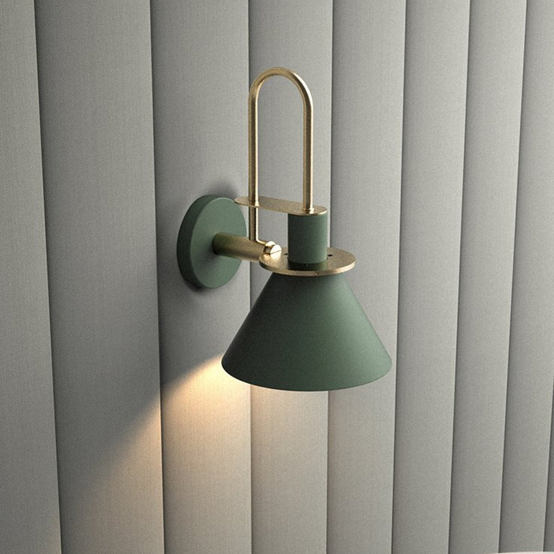 Black/White/Green Cone Wall Lamp Macaron 1-Light Metal Wall Mounted Light with Arched Arm for Bedroom, Warm/White Light Green Clearhalo 'Wall Lamps & Sconces' 'Wall Lights' Lighting' 1912275