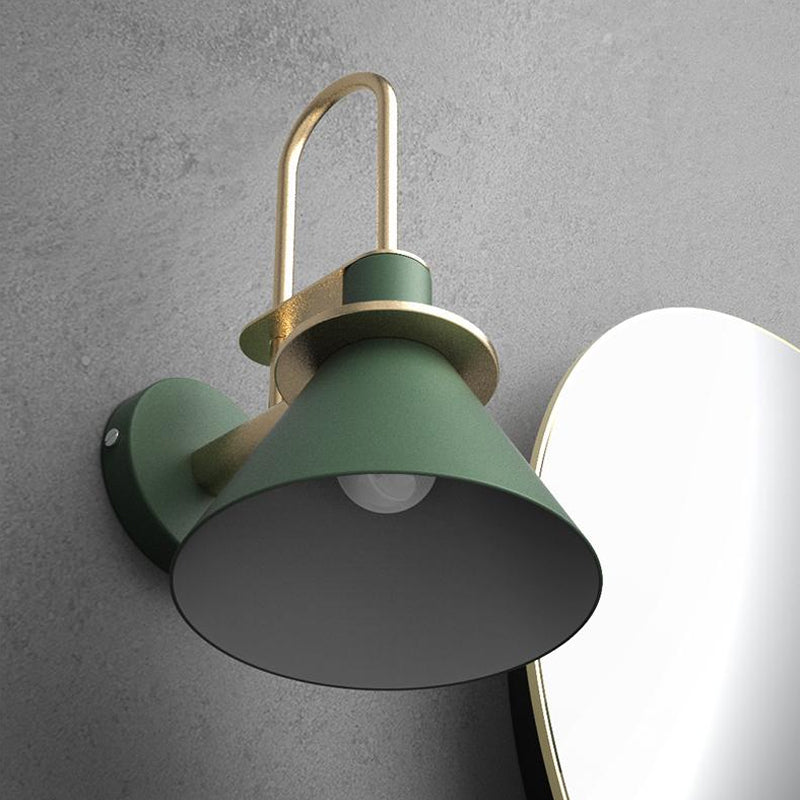 Black/White/Green Cone Wall Lamp Macaron 1-Light Metal Wall Mounted Light with Arched Arm for Bedroom, Warm/White Light Clearhalo 'Wall Lamps & Sconces' 'Wall Lights' Lighting' 1912276