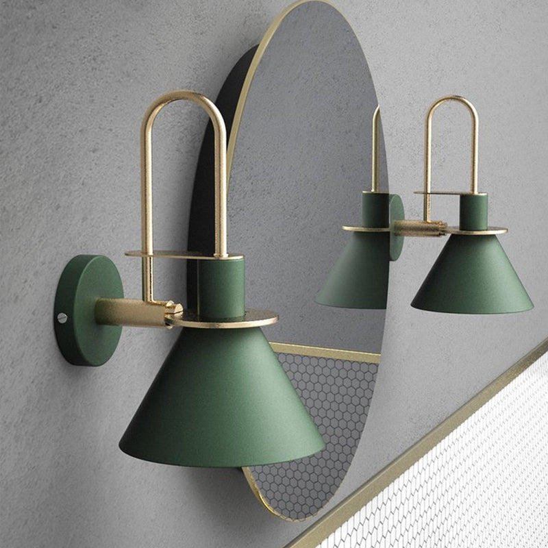Black/White/Green Cone Wall Lamp Macaron 1-Light Metal Wall Mounted Light with Arched Arm for Bedroom, Warm/White Light Clearhalo 'Wall Lamps & Sconces' 'Wall Lights' Lighting' 1912277