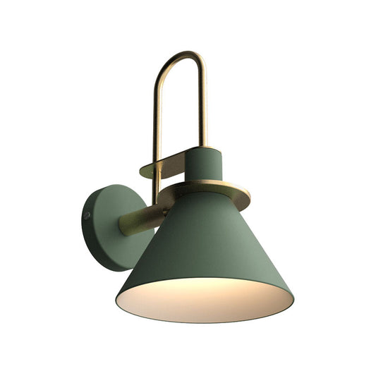 Black/White/Green Cone Wall Lamp Macaron 1-Light Metal Wall Mounted Light with Arched Arm for Bedroom, Warm/White Light Clearhalo 'Wall Lamps & Sconces' 'Wall Lights' Lighting' 1912278
