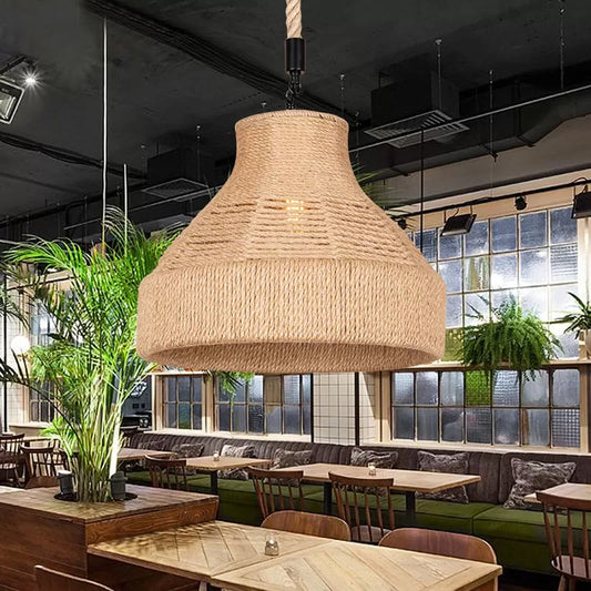 Hand-Wrapped Rope Bell Hanging Lamp Farmhouse 1 Bulb Restaurant Suspended Lighting Fixture in Brown Brown Clearhalo 'Ceiling Lights' 'Industrial Pendants' 'Industrial' 'Middle Century Pendants' 'Pendant Lights' 'Pendants' 'Tiffany' Lighting' 1912292