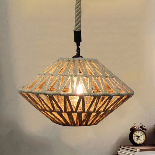 1 Light Flying Saucer Hollowed Pendant Rustic Brown Jute Rope Ceiling Suspension Lamp Clearhalo 'Ceiling Lights' 'Industrial Pendants' 'Industrial' 'Middle Century Pendants' 'Pendant Lights' 'Pendants' 'Tiffany' Lighting' 1912298