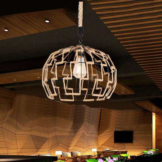 1 Head Hanging Pendant Rural Restaurant Ceiling Light with Sphere Rope Wrapped Cage in Brown Brown Clearhalo 'Ceiling Lights' 'Industrial Pendants' 'Industrial' 'Middle Century Pendants' 'Pendant Lights' 'Pendants' 'Tiffany' Lighting' 1912302