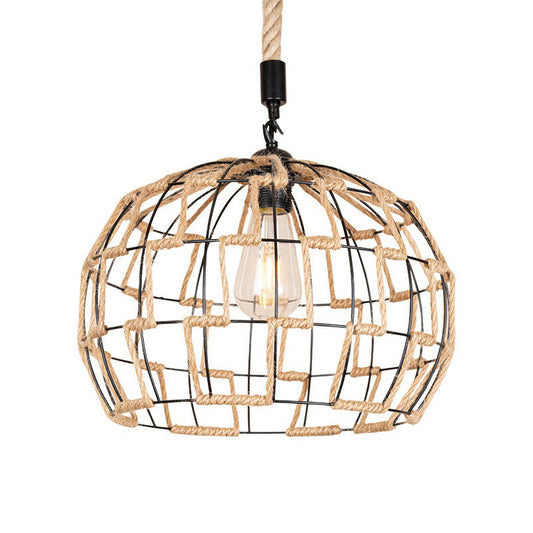 1 Head Hanging Pendant Rural Restaurant Ceiling Light with Sphere Rope Wrapped Cage in Brown Clearhalo 'Ceiling Lights' 'Industrial Pendants' 'Industrial' 'Middle Century Pendants' 'Pendant Lights' 'Pendants' 'Tiffany' Lighting' 1912303