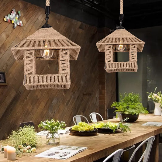 Brown Pavilion Hanging Pendant Country Hand-Woven Rope Single Restaurant Suspension Lighting Clearhalo 'Ceiling Lights' 'Industrial Pendants' 'Industrial' 'Middle Century Pendants' 'Pendant Lights' 'Pendants' 'Tiffany' Lighting' 1912308