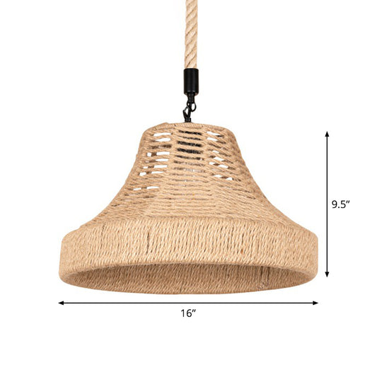 Lodge Trumpet Down Lighting Pendant 1-Light Manila Rope Hanging Lamp in Brown for Restaurant Clearhalo 'Ceiling Lights' 'Industrial Pendants' 'Industrial' 'Middle Century Pendants' 'Pendant Lights' 'Pendants' 'Tiffany' Lighting' 1912321