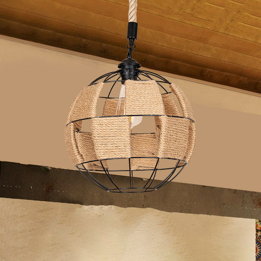 Single Hemp Rope Pendant Lamp Cottage Style Brown Globe Aisle Hanging Ceiling Light Brown Clearhalo 'Ceiling Lights' 'Industrial Pendants' 'Industrial' 'Middle Century Pendants' 'Pendant Lights' 'Pendants' 'Tiffany' Lighting' 1912322