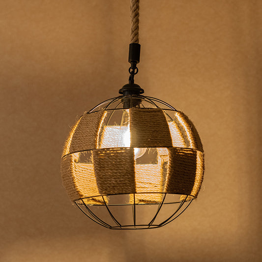 Single Hemp Rope Pendant Lamp Cottage Style Brown Globe Aisle Hanging Ceiling Light Clearhalo 'Ceiling Lights' 'Industrial Pendants' 'Industrial' 'Middle Century Pendants' 'Pendant Lights' 'Pendants' 'Tiffany' Lighting' 1912323