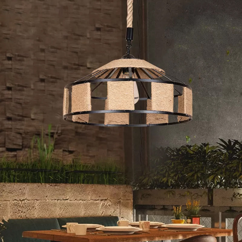 Iron Barn Pendant Light Fixture Rural 1 Bulb Snack Bar Ceiling Hang Lamp with Roped Design in Brown Brown Clearhalo 'Ceiling Lights' 'Industrial Pendants' 'Industrial' 'Middle Century Pendants' 'Pendant Lights' 'Pendants' 'Tiffany' Lighting' 1912333