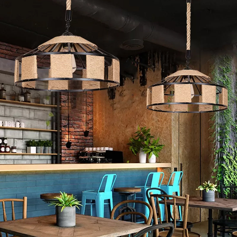 Iron Barn Pendant Light Fixture Rural 1 Bulb Snack Bar Ceiling Hang Lamp with Roped Design in Brown Clearhalo 'Ceiling Lights' 'Industrial Pendants' 'Industrial' 'Middle Century Pendants' 'Pendant Lights' 'Pendants' 'Tiffany' Lighting' 1912334