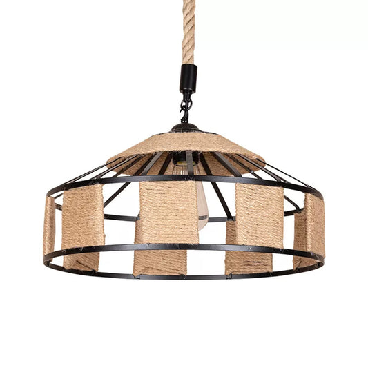 Iron Barn Pendant Light Fixture Rural 1 Bulb Snack Bar Ceiling Hang Lamp with Roped Design in Brown Clearhalo 'Ceiling Lights' 'Industrial Pendants' 'Industrial' 'Middle Century Pendants' 'Pendant Lights' 'Pendants' 'Tiffany' Lighting' 1912335