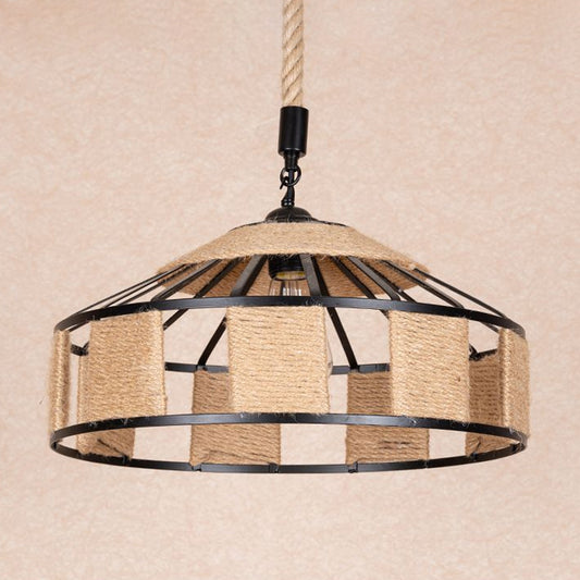 Iron Barn Pendant Light Fixture Rural 1 Bulb Snack Bar Ceiling Hang Lamp with Roped Design in Brown Clearhalo 'Ceiling Lights' 'Industrial Pendants' 'Industrial' 'Middle Century Pendants' 'Pendant Lights' 'Pendants' 'Tiffany' Lighting' 1912336