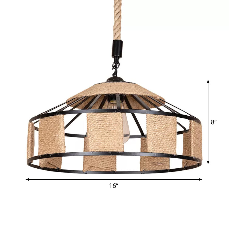 Iron Barn Pendant Light Fixture Rural 1 Bulb Snack Bar Ceiling Hang Lamp with Roped Design in Brown Clearhalo 'Ceiling Lights' 'Industrial Pendants' 'Industrial' 'Middle Century Pendants' 'Pendant Lights' 'Pendants' 'Tiffany' Lighting' 1912337
