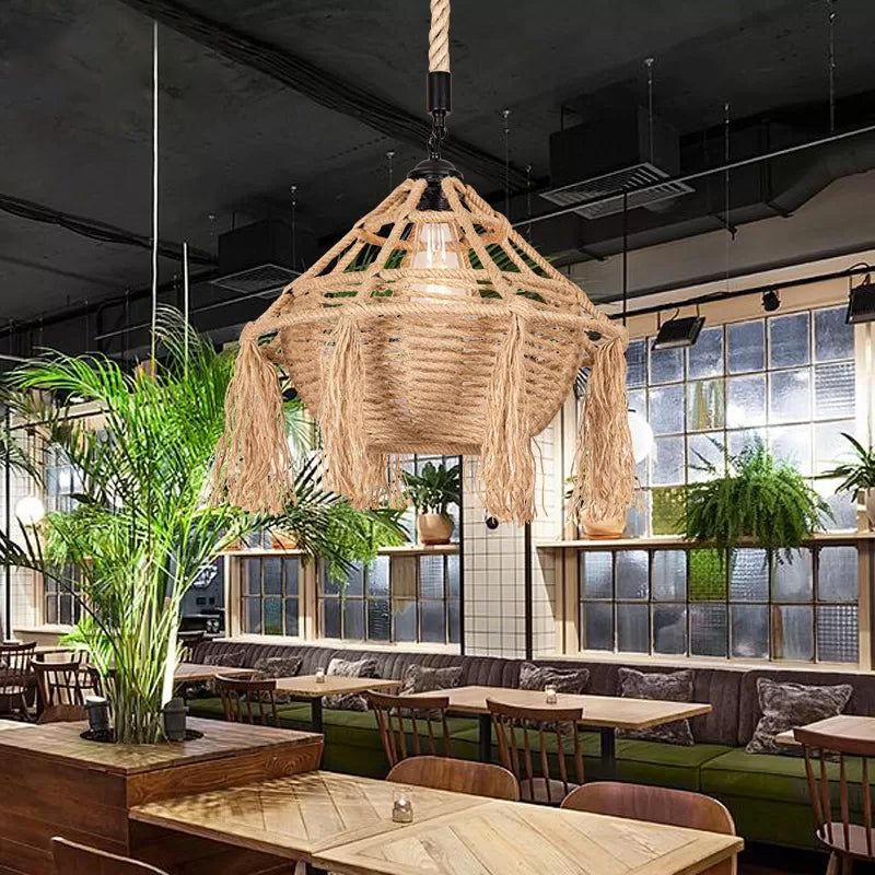 Brown Droplet Shaped Hanging Pendant Countryside Rope 1 Head Restaurant Ceiling Light with Tassel Brown Clearhalo 'Ceiling Lights' 'Industrial Pendants' 'Industrial' 'Middle Century Pendants' 'Pendant Lights' 'Pendants' 'Tiffany' Lighting' 1912338