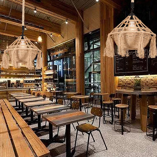 Brown Droplet Shaped Hanging Pendant Countryside Rope 1 Head Restaurant Ceiling Light with Tassel Clearhalo 'Ceiling Lights' 'Industrial Pendants' 'Industrial' 'Middle Century Pendants' 'Pendant Lights' 'Pendants' 'Tiffany' Lighting' 1912339