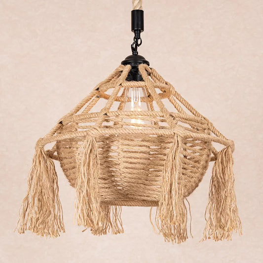 Brown Droplet Shaped Hanging Pendant Countryside Rope 1 Head Restaurant Ceiling Light with Tassel Clearhalo 'Ceiling Lights' 'Industrial Pendants' 'Industrial' 'Middle Century Pendants' 'Pendant Lights' 'Pendants' 'Tiffany' Lighting' 1912341
