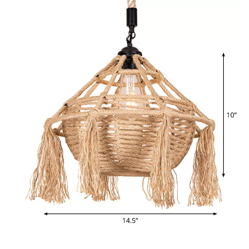 Brown Droplet Shaped Hanging Pendant Countryside Rope 1 Head Restaurant Ceiling Light with Tassel Clearhalo 'Ceiling Lights' 'Industrial Pendants' 'Industrial' 'Middle Century Pendants' 'Pendant Lights' 'Pendants' 'Tiffany' Lighting' 1912342