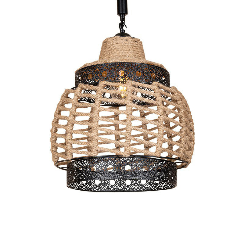 1-Light Hollowed out Ceiling Hanging Lantern Brown Hand-Wrapped Rope Pendant Lighting Fixture Clearhalo 'Ceiling Lights' 'Industrial Pendants' 'Industrial' 'Middle Century Pendants' 'Pendant Lights' 'Pendants' 'Tiffany' Lighting' 1912345