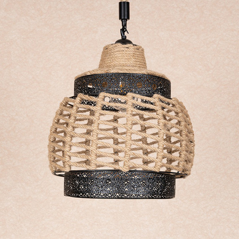 1-Light Hollowed out Ceiling Hanging Lantern Brown Hand-Wrapped Rope Pendant Lighting Fixture Clearhalo 'Ceiling Lights' 'Industrial Pendants' 'Industrial' 'Middle Century Pendants' 'Pendant Lights' 'Pendants' 'Tiffany' Lighting' 1912347